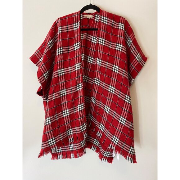 Loft Plaid Poncho Set Of 2 Black & Tan Red & White Fringed Hem Small - Picture 4 of 13
